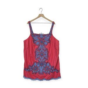 By Anthropologie Square Neck Embroidered Shift Dress Size 22W Red and Blue